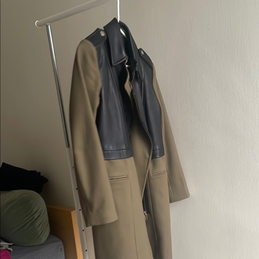 Club Monaco Lambs leather and Wool Black and Olive Moto Trench Coat